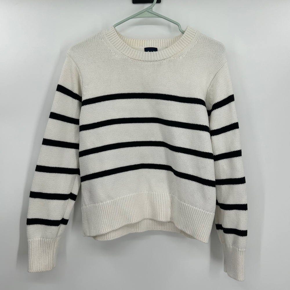 GAP Womens Medium White Black Striped 100% Cotton Shaker Knit Sweater 801